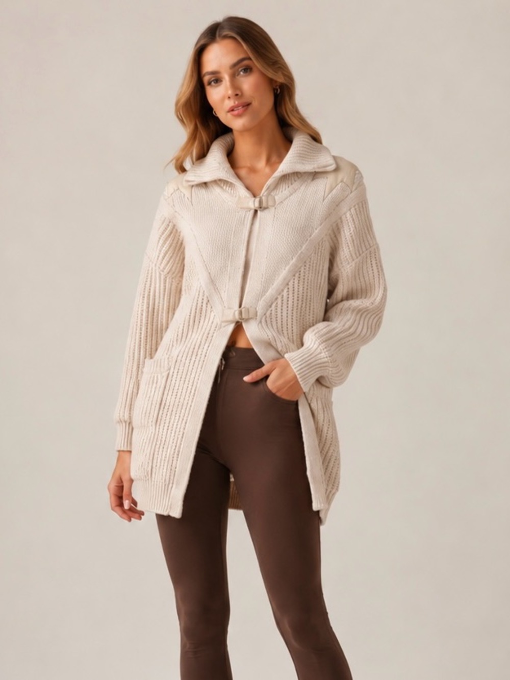 CLAUDE MONTANA Cozy Cream Knit Cardigan Coat with Leather Star Accents